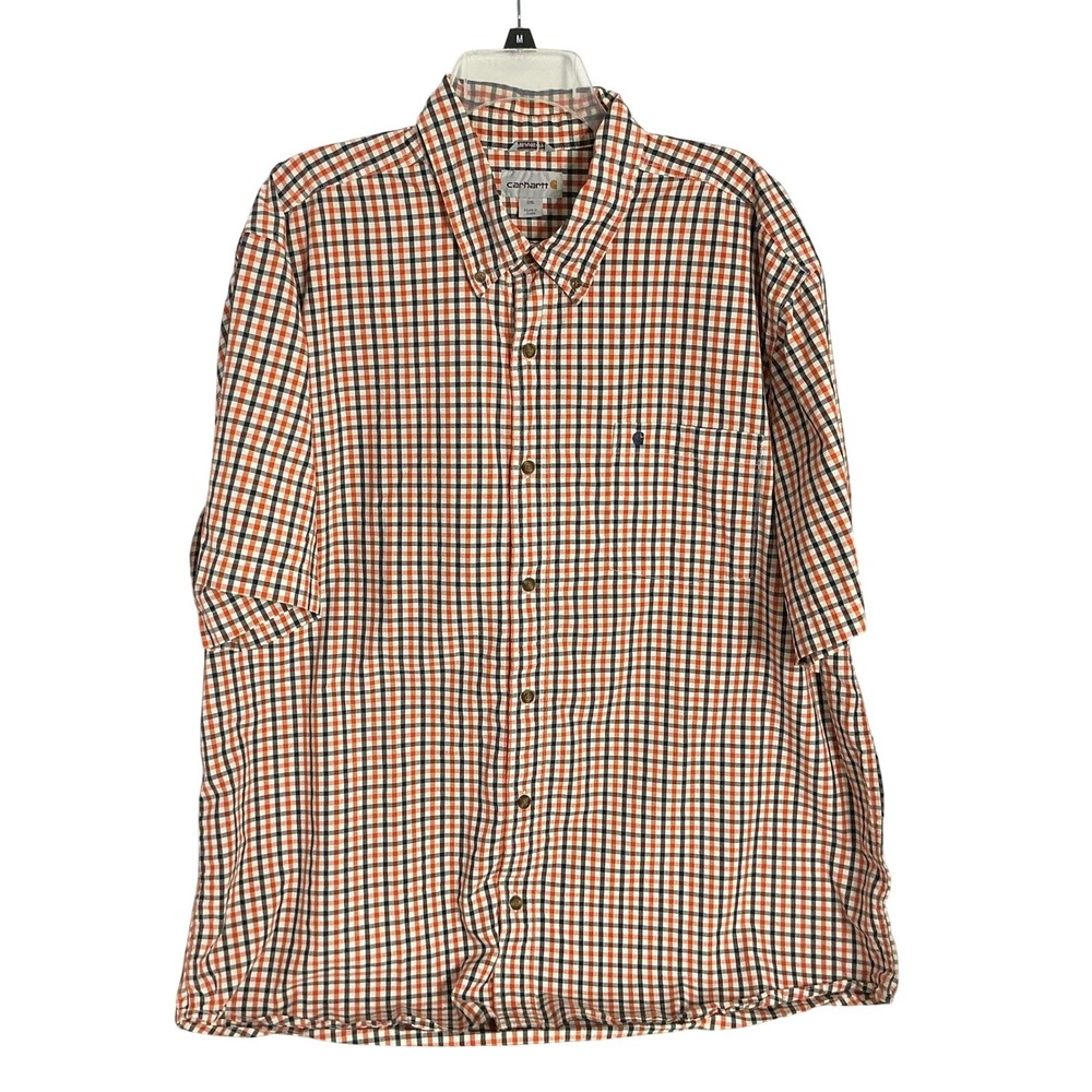 Carhartt Mens 2XL Relaxed Fit Plaid Short Sleeve Button Down Shirt Orange 100386